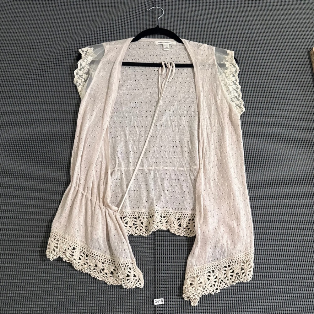 Banana Republic Women Petite S Beige Pointelle Lace Trim Cardigan Vest